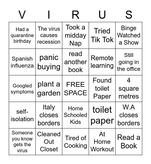 Coronavirus Bingo Card