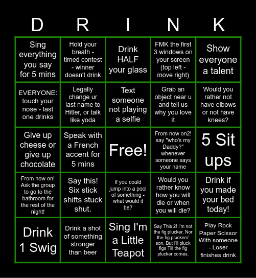 DRINK DRINK DRINK DRINK Bingo Card