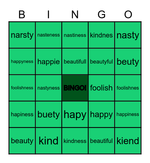 Spellings Bingo Card