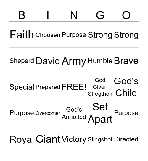 MCBC Jr Church Bingo: David and Goliath Bingo Card