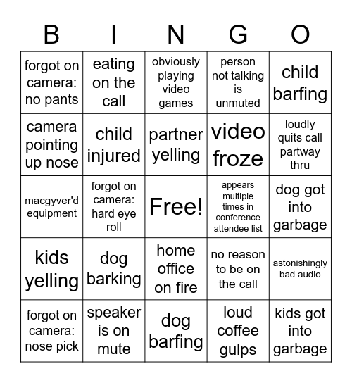 Video Conference Bingo Card