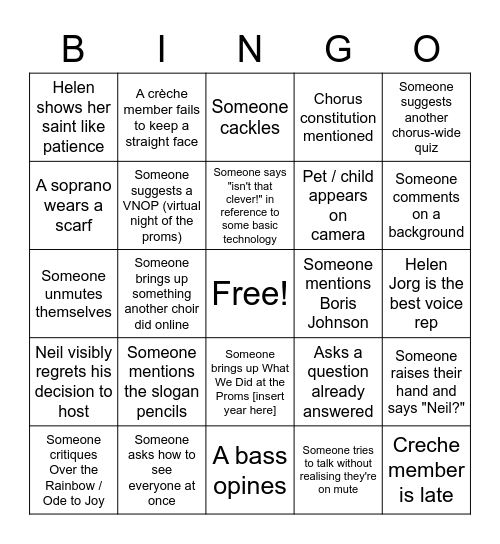 Chorus Bingo Card