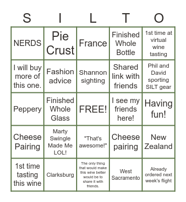 SILT Wine Tasting Bingo Card