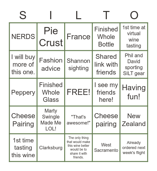 SILT Wine Tasting Bingo Card