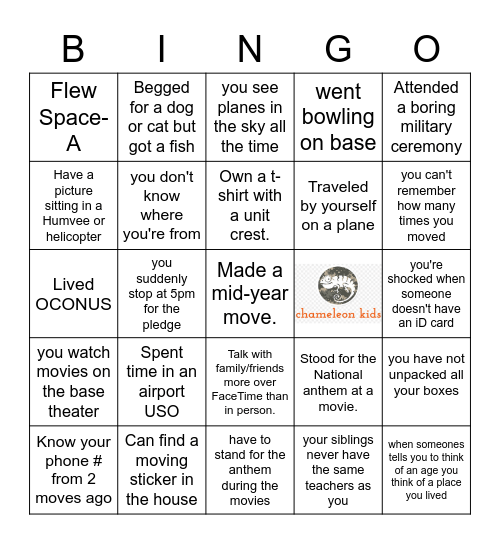 You know your a military kid when.... BINGO Card