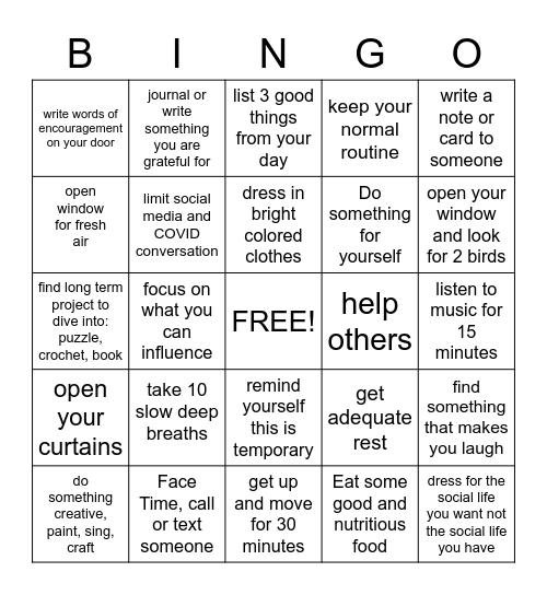 Self Care BINGO Card