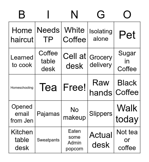 CoVid Coffee Break Bingo Card