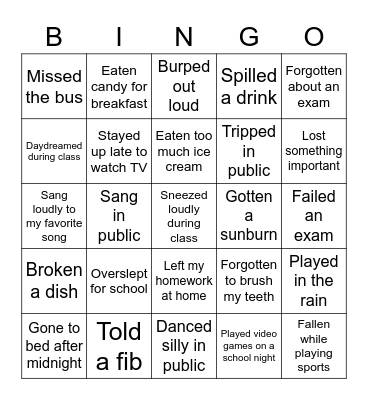 Never Have I Ever Bingo Card
