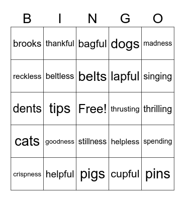 Suffix Bingo-Reading Practice 55 Bingo Card