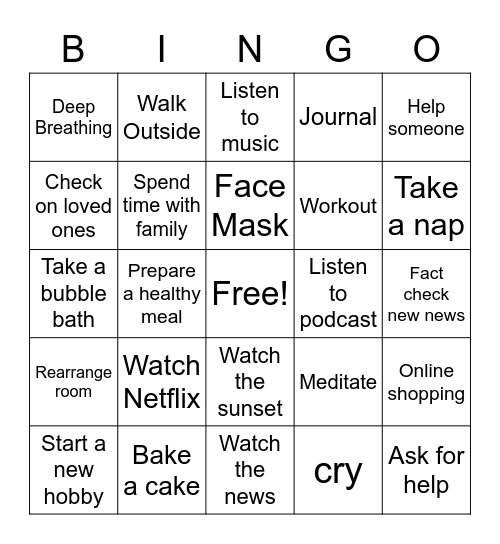 Self Care Bingo Card