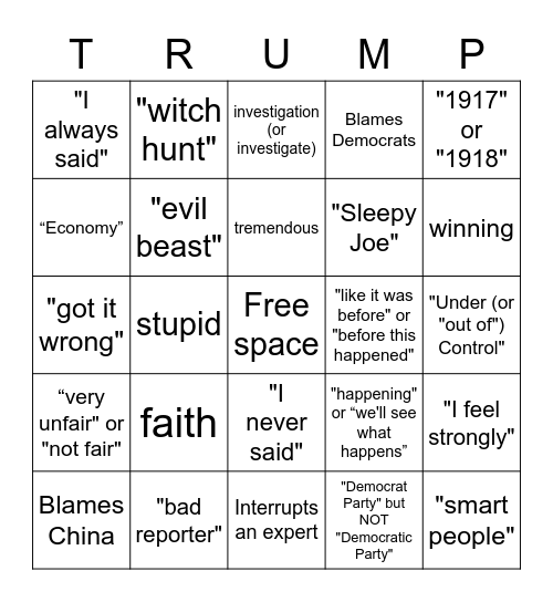 Trump Press Conference April 24, 2020 Bingo Card