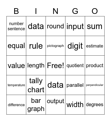 Math Vocabulary Words Bingo Card