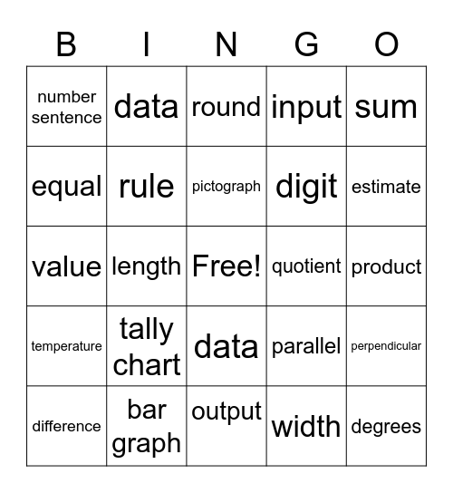 Math Vocabulary Words Bingo Card