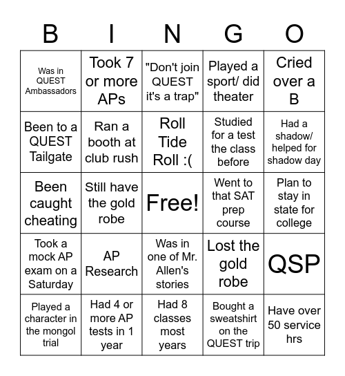 QUEST Bingo Card