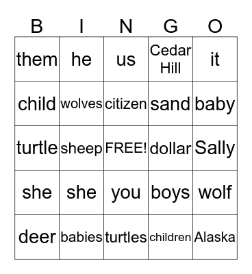 Various Types of Nouns Bingo Card