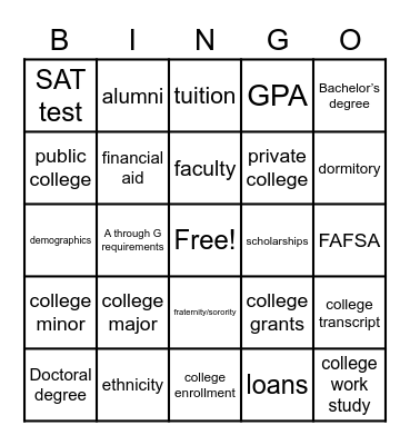 College Vocabulary Bingo Card