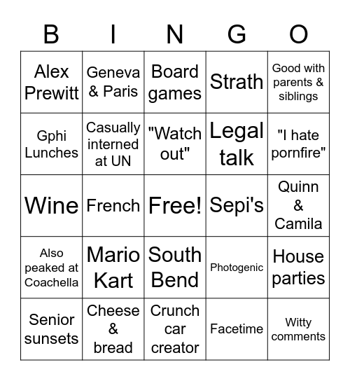 Maddie Ainslie Bingo Card