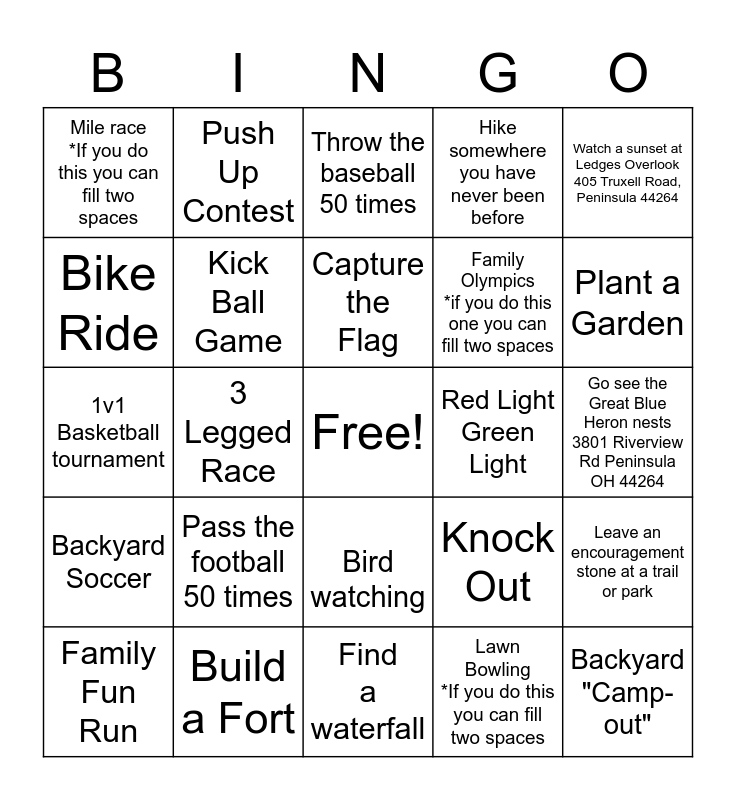CCC Family Activity BINGO Card
