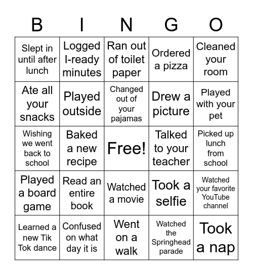 Quarantine Bingo Card