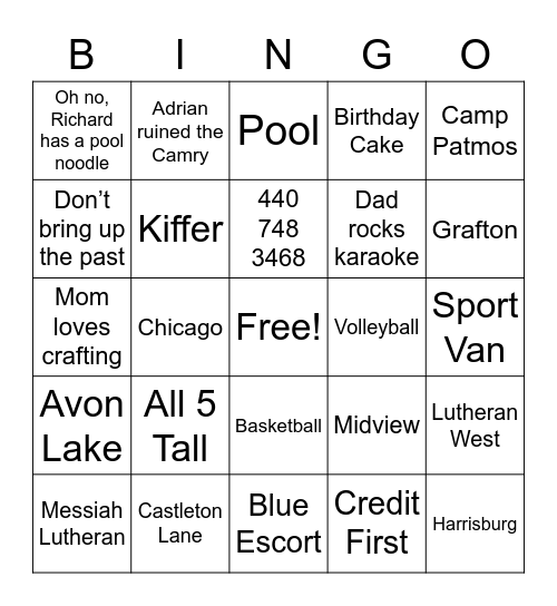 Semrau Family Bingo Card