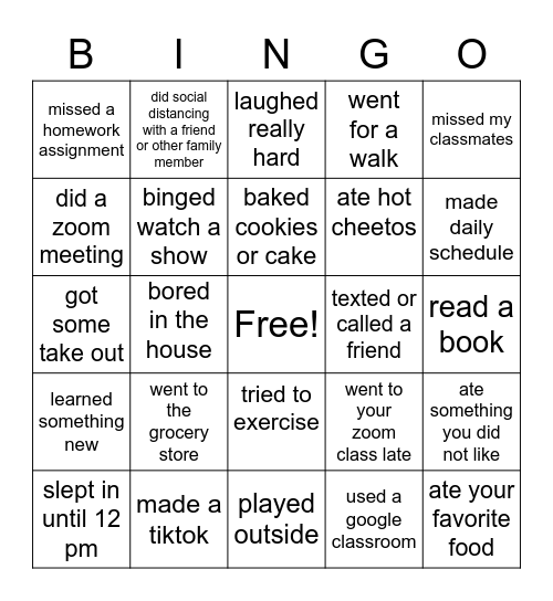 Things I have done in Quarantine Bingo Card