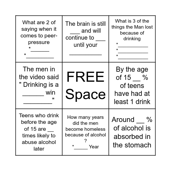 April Alcohol Awareness Month Bingo Card