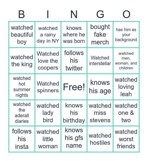 Timothée Chalamet Bingo Card