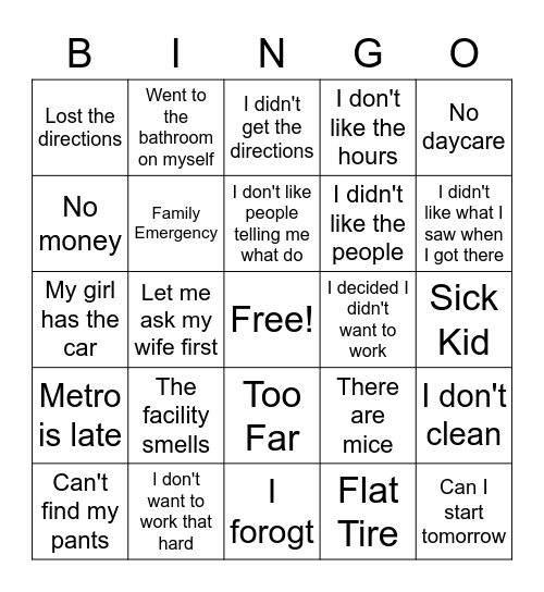 Reasons why I can't go to work Bingo Card