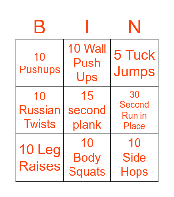 Fitness Bingo Card