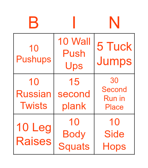 Fitness Bingo Card