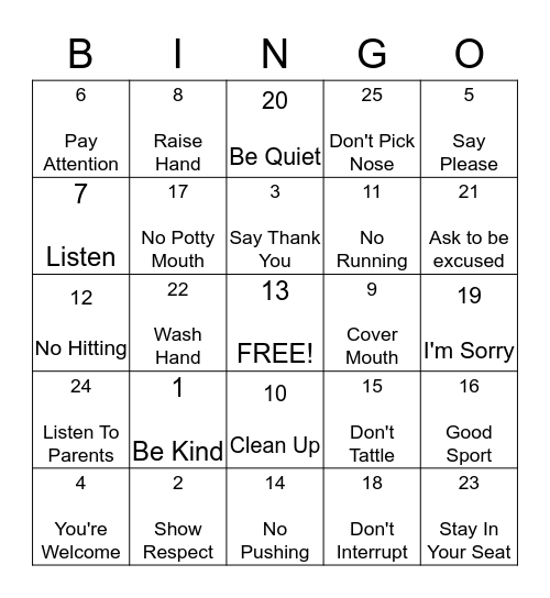 Manners Bingo Card