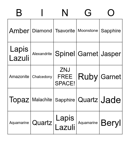 ZNJ Bingo Card