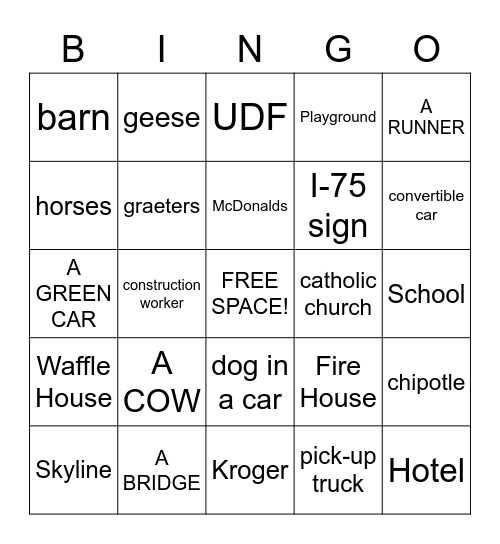 Car Ride Bingo Card