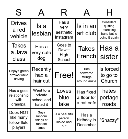 Sarah Bingo Card