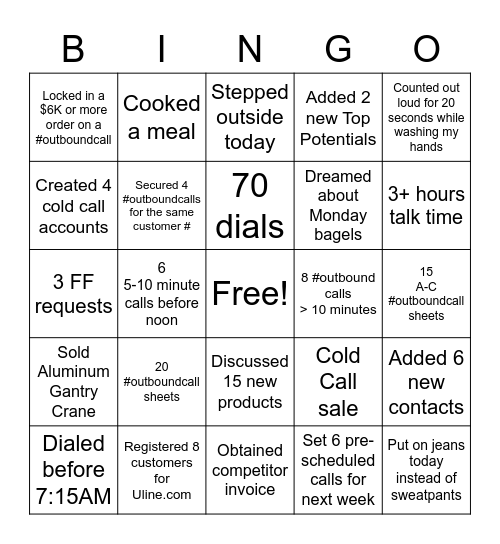 Inside Sales Bingo Card