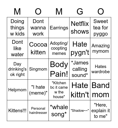 Mom-go Bingo Card