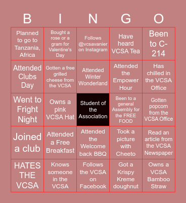 Vanier College Student Association BINGO Card