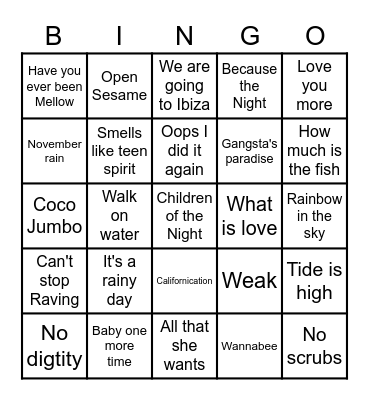90's Bingo Card