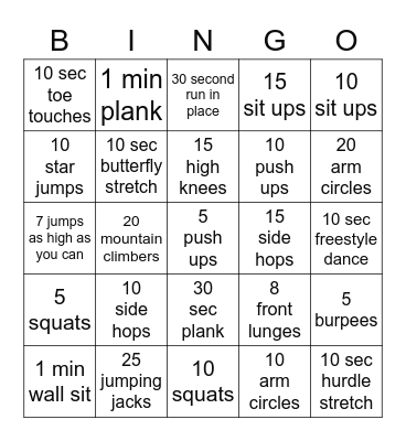 Fitness Bingo Card