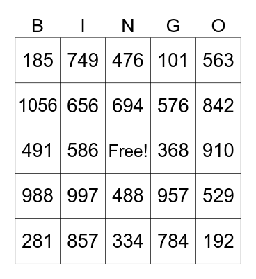 Number Bingo Card