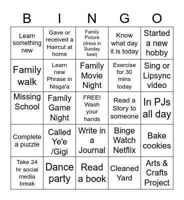 NCFS Quarantine Family Bingo Card