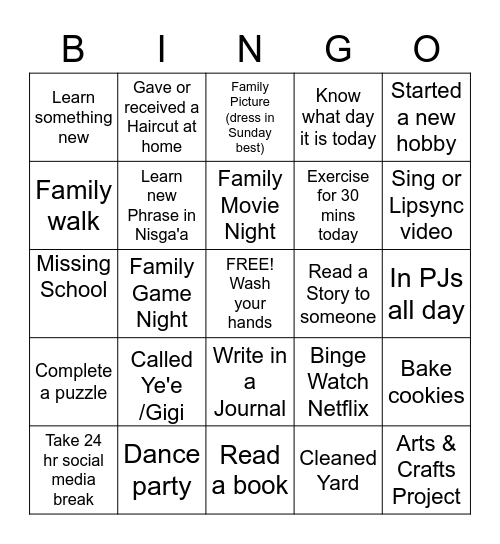 NCFS Quarantine Family Bingo Card