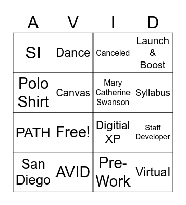 AVID General Session Bingo Card