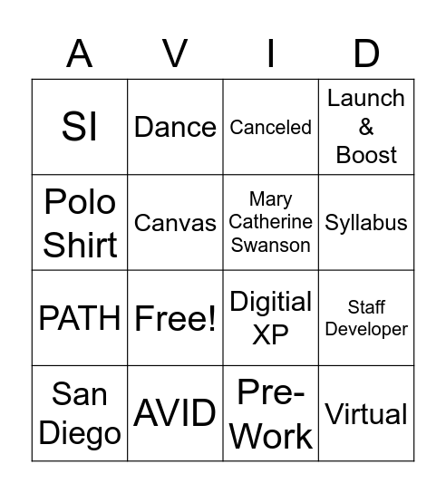 AVID General Session Bingo Card