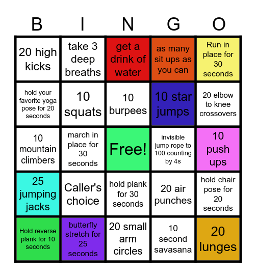 Fitness Bingo (3-5 Class) Bingo Card