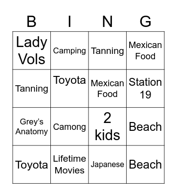 Elizabeth’s Bingo Card