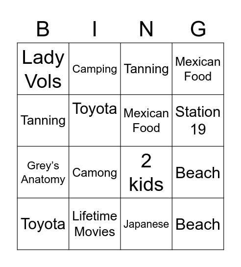 Elizabeth’s Bingo Card