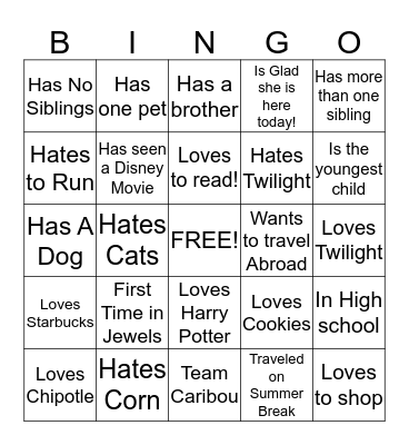 Name Bingo!!  Bingo Card