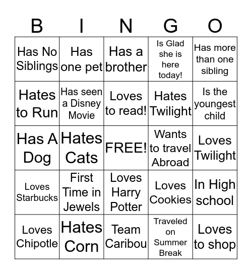 Name Bingo!!  Bingo Card