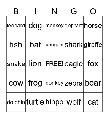 Animals Bingo Card